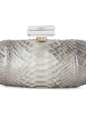 CHANEL Elegant Gray Python Clutch Handbag Lucite Perfume Bottle Clasp